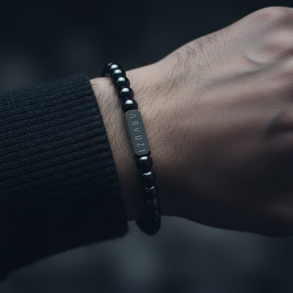 ARVUZI Hematite Core men’s bracelet – solid hematite beads – stainless steel clasp – on wrist