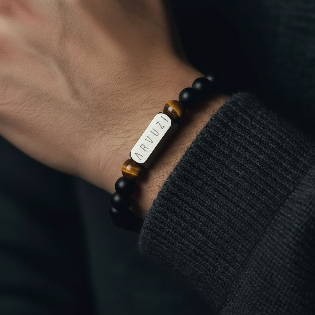 ARVUZI Onyx Instinct men’s bracelet – onyx and tiger’s eye beads – stainless steel clasp – on wrist 1