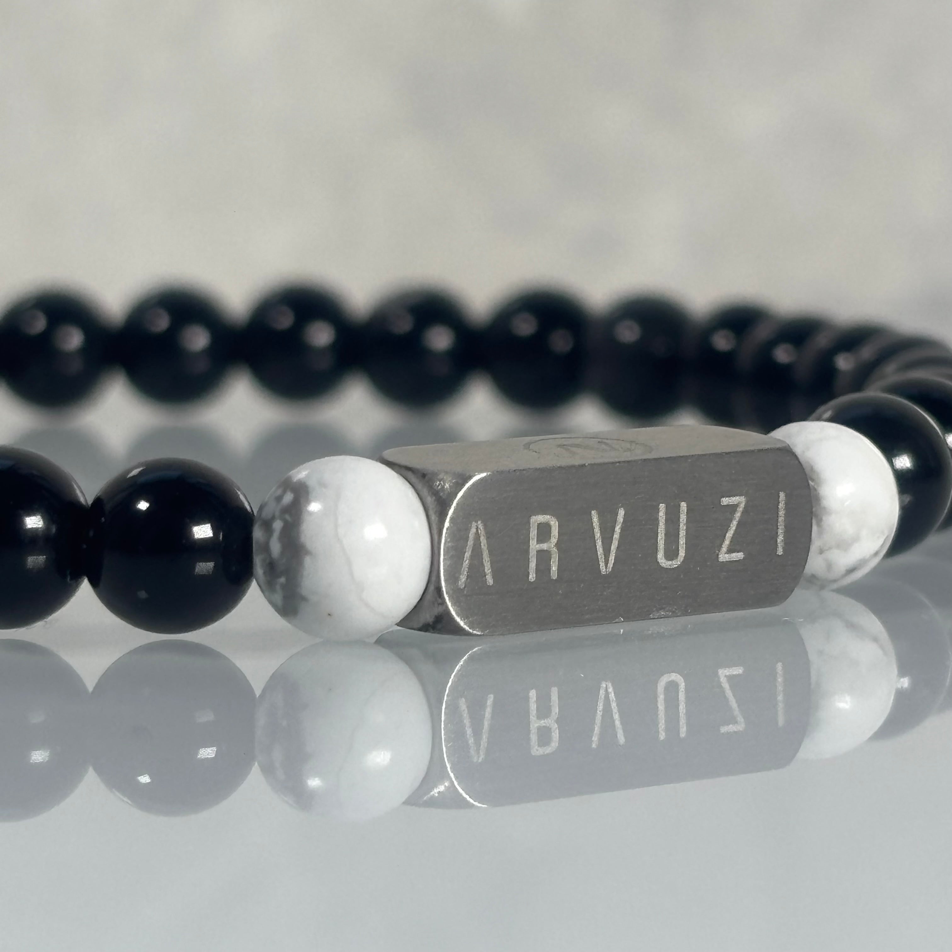 Equinox – Obsidian & White Agate Beaded Bracelet | 6mm - Arvuzi